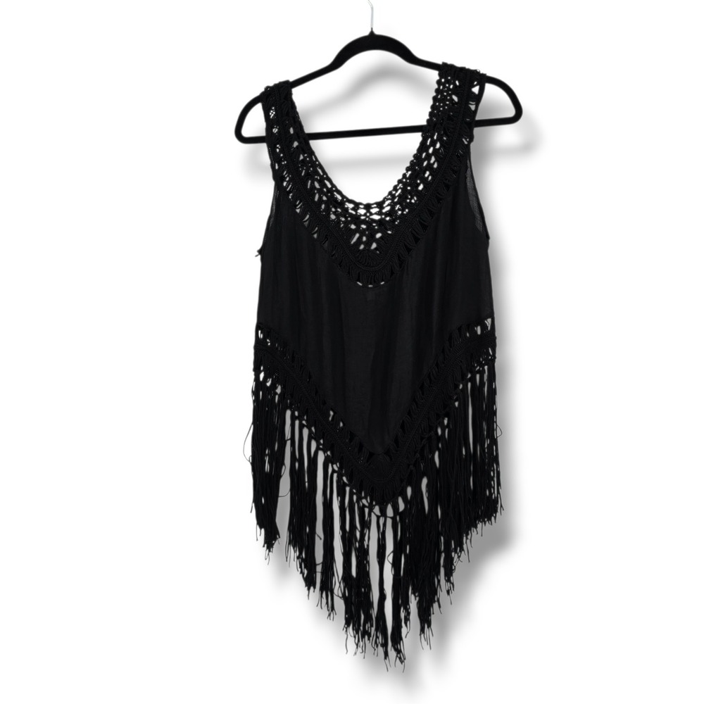 It Girl Womens Black Crochet Fringe V-Neck Boho Festival Tank Top Small